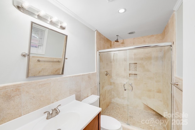 2001 Tyvola Rd, Charlotte, NC 28210 - bathroom with toilet, a shower stall, vanity, tile walls, and recessed lighting