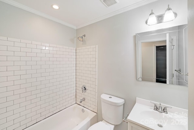 2001 Tyvola Rd, Charlotte, NC 28210 - full bathroom with shower / washtub combination, toilet, vanity, crown molding, and recessed lighting