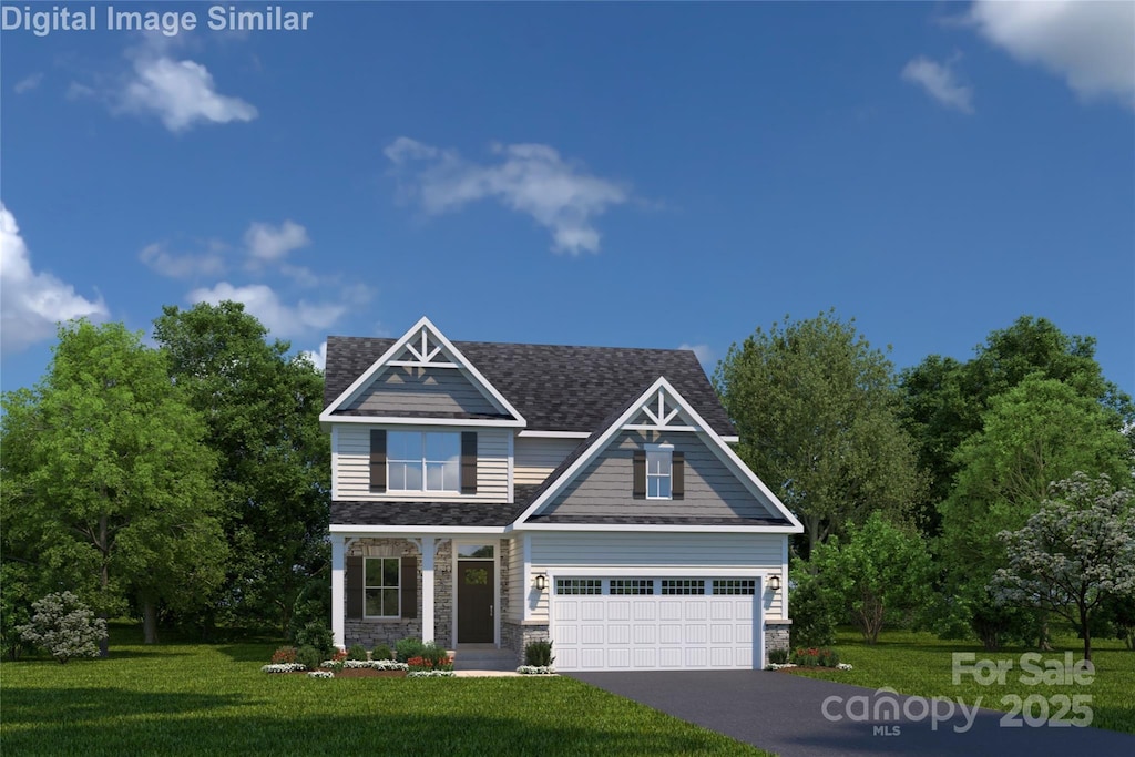 craftsman inspired home featuring stone siding, a shingled roof, driveway, and a front yard