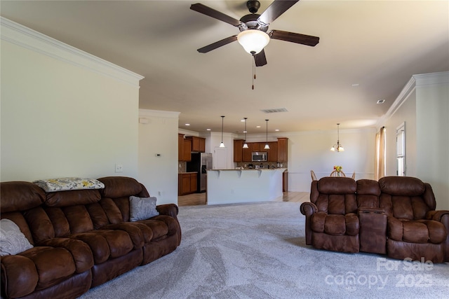 159 Saye Pl, Mooresville, NC 28115 - living room with ornamental molding, light colored carpet, a ceiling fan, recessed lighting, and a chandelier