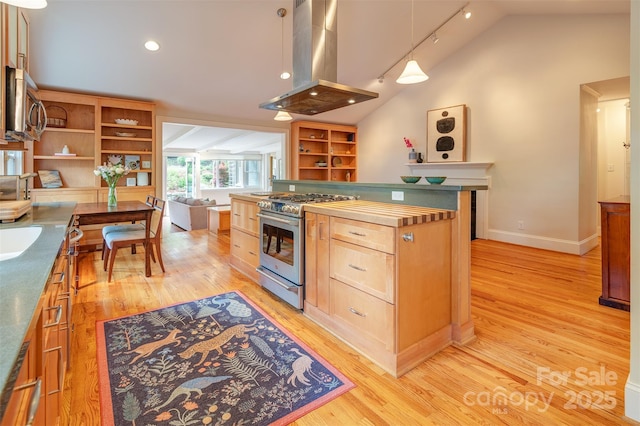 47 Lakeview Rd, Asheville, NC 28804 - kitchen with appliances with stainless steel finishes, island exhaust hood, vaulted ceiling, open shelves, and light brown cabinets