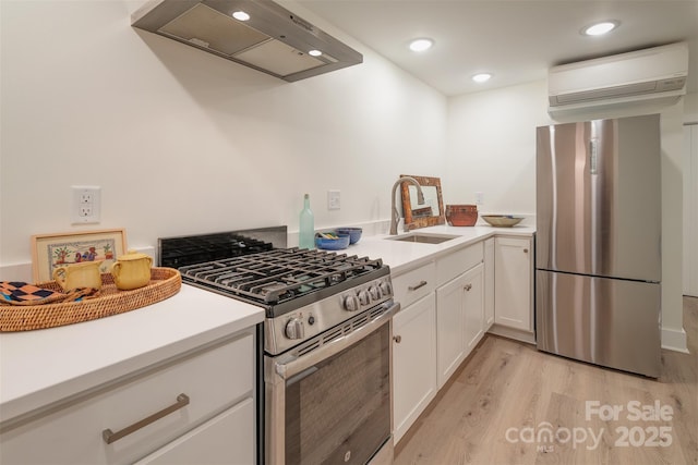 47 Lakeview Rd, Asheville, NC 28804 - kitchen featuring stainless steel appliances, a sink, wall chimney exhaust hood, a wall unit AC, and light wood-style floors