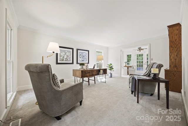 7103 Forest Ridge Rd, Matthews, NC 28104 - office space with ornamental molding, carpet, baseboards, and ceiling fan