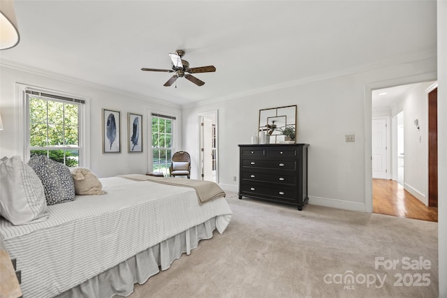 7103 Forest Ridge Rd, Matthews, NC 28104 - bedroom with ornamental molding, light colored carpet, baseboards, and a ceiling fan