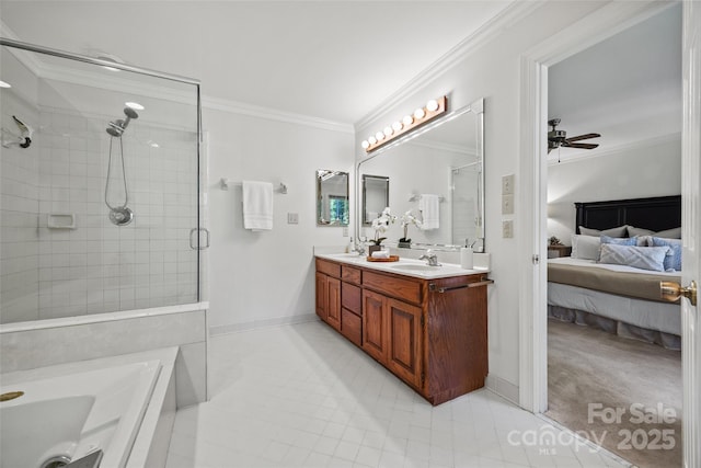 7103 Forest Ridge Rd, Matthews, NC 28104 - full bath with ensuite bathroom, tiled shower, crown molding, tile patterned floors, and ceiling fan