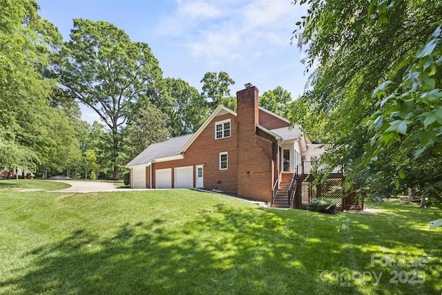 7103 Forest Ridge Rd, Matthews, NC 28104 - view of side of property with brick siding, driveway, a chimney, stairway, and a yard