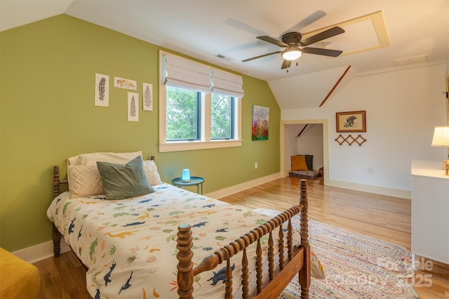 564 Jupiter Rd, Weaverville, NC 28787 - bedroom featuring lofted ceiling, wood finished floors, baseboards, and ceiling fan