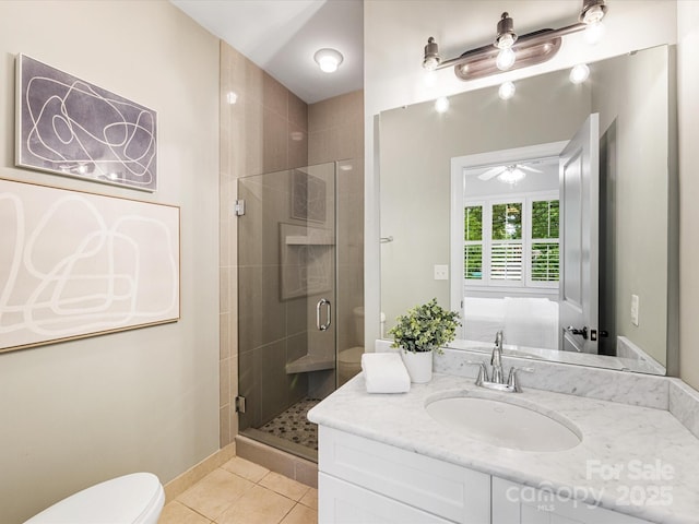 bathroom with toilet, tile patterned floors, a shower stall, a ceiling fan, and vanity