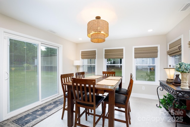 dining area with an inviting chandelier, visible vents, baseboards, and recessed lighting