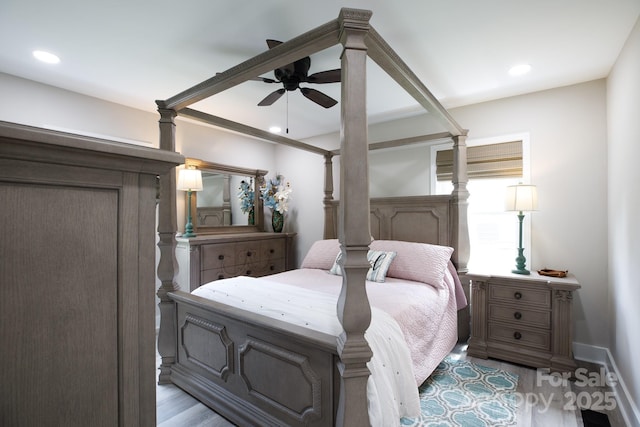 bedroom featuring light wood-type flooring, ceiling fan, and recessed lighting