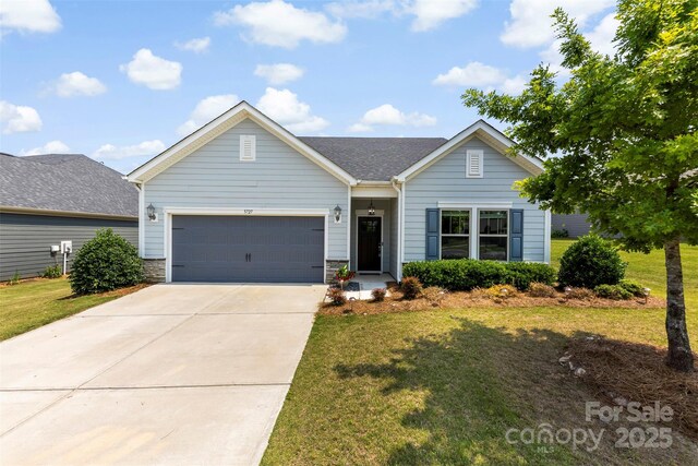 5727 Lavaux Ct, Charlotte, NC 28214 - ranch-style home with an attached garage, a front lawn, driveway, and stone siding