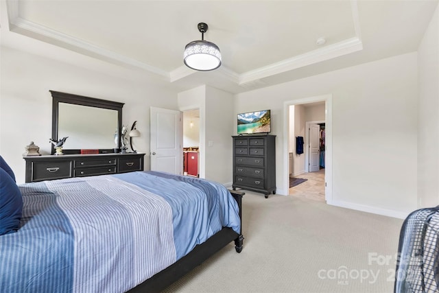 5727 Lavaux Ct, Charlotte, NC 28214 - bedroom featuring a tray ceiling, ornamental molding, light carpet, and baseboards