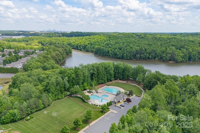 5727 Lavaux Ct, Charlotte, NC 28214 - bird's eye view of a large body of water, a pool, and a forest