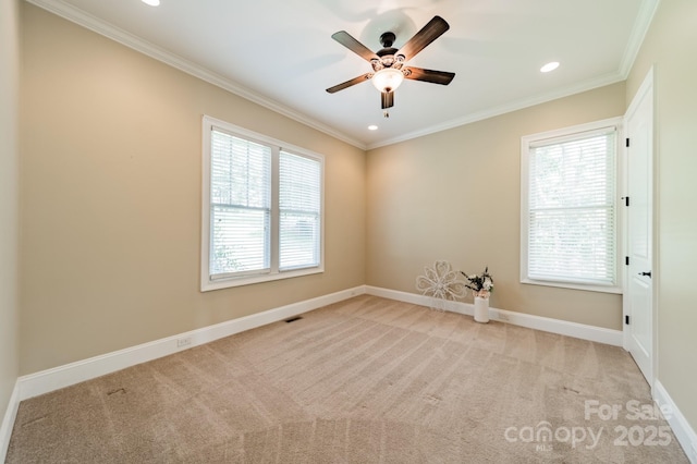 221 Stillwater Rd, Troutman, NC 28166 - empty room featuring a ceiling fan, carpet floors, crown molding, and recessed lighting