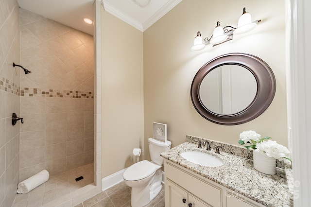 221 Stillwater Rd, Troutman, NC 28166 - full bathroom with vanity, a tile shower, ornamental molding, tile patterned floors, and recessed lighting