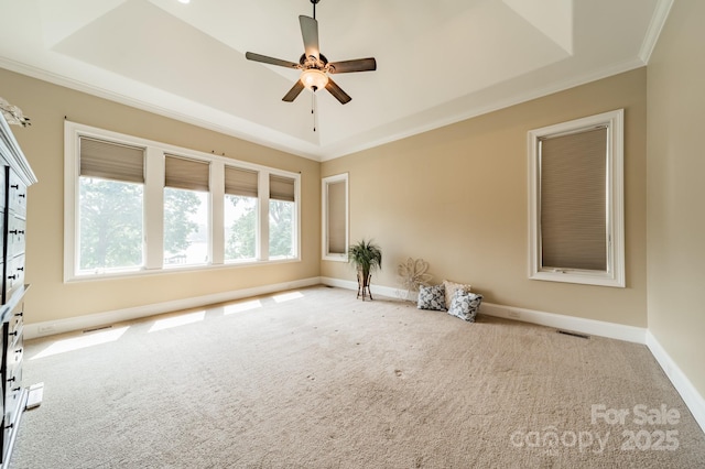 221 Stillwater Rd, Troutman, NC 28166 - unfurnished room with ornamental molding, carpet floors, ceiling fan, and a tray ceiling