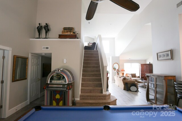 playroom featuring pool table, wood finished floors, and ceiling fan