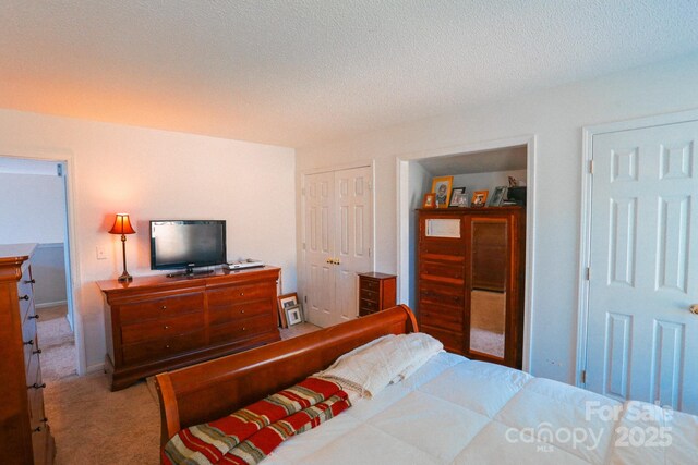 bedroom featuring carpet floors, a textured ceiling, and a closet