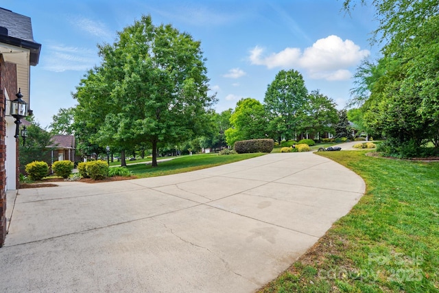 view of home's community with a lawn and curved driveway