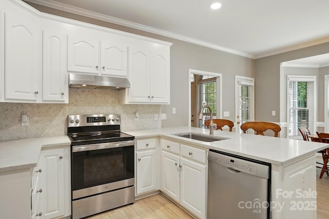 kitchen with stainless steel appliances, a sink, under cabinet range hood, a peninsula, and light wood-type flooring