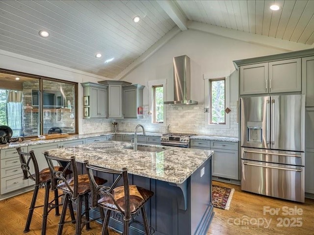 2054 Catawba Trl Unit 162, Nebo, NC 28761 - kitchen with stainless steel appliances, a sink, wall chimney range hood, gray cabinetry, and light stone countertops