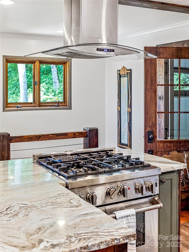 466 Hanging Rock Rd, Mars Hill, NC 28754 - kitchen with gas range, island range hood, crown molding, light stone countertops, and wood finished floors