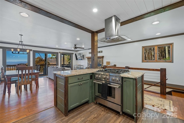 466 Hanging Rock Rd, Mars Hill, NC 28754 - kitchen featuring green cabinets, high end stainless steel range oven, ventilation hood, beamed ceiling, and dark wood finished floors