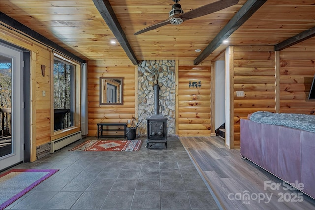 466 Hanging Rock Rd, Mars Hill, NC 28754 - living room featuring wood ceiling, beamed ceiling, a wood stove, rustic walls, and ceiling fan