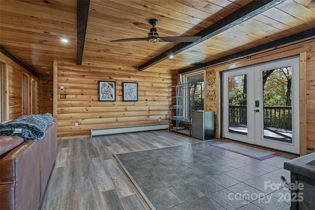 466 Hanging Rock Rd, Mars Hill, NC 28754 - unfurnished room with a baseboard radiator, wooden ceiling, beamed ceiling, french doors, and rustic walls