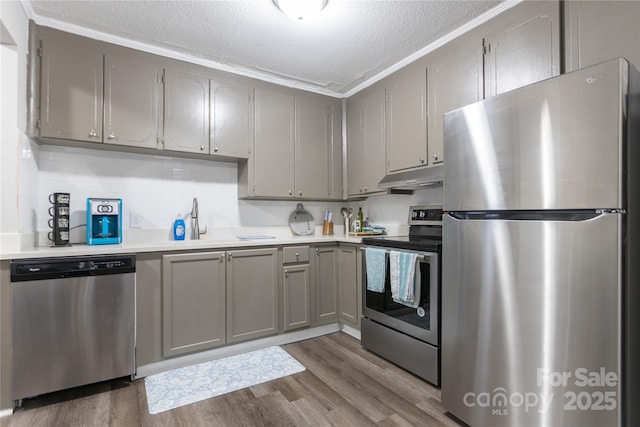 2012 Double Oaks Rd, Charlotte, NC 28206 - kitchen with under cabinet range hood, stainless steel appliances, gray cabinets, and wood finished floors