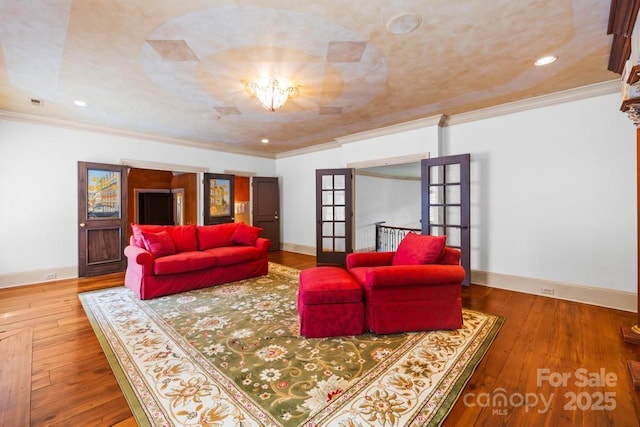 4523 Fox Brook Ln, Charlotte, NC 28211 - living room featuring french doors, ornamental molding, hardwood / wood-style floors, baseboards, and recessed lighting