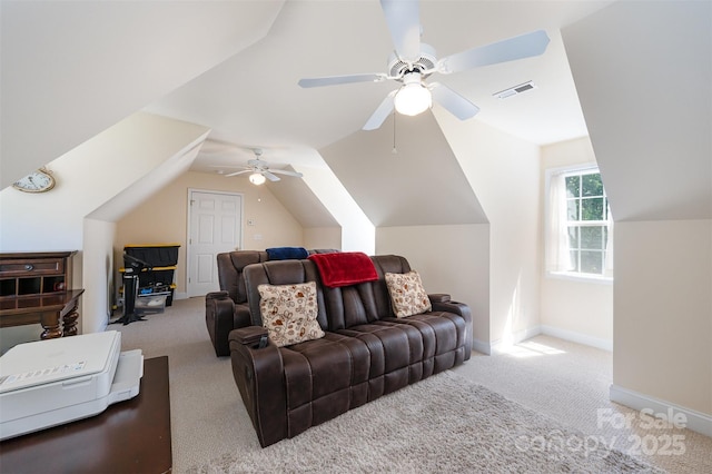 bonus room featuring carpet, a ceiling fan, lofted ceiling, and baseboards