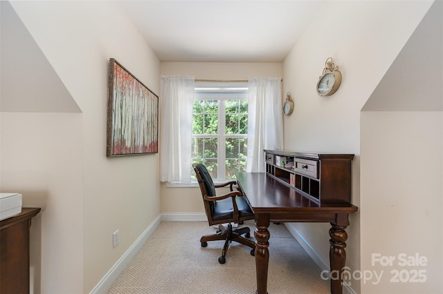 office with baseboards and carpet flooring