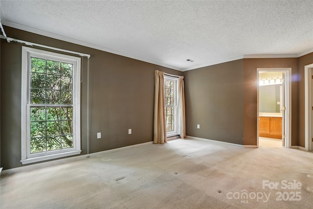 carpeted spare room featuring ornamental molding, a textured ceiling, and baseboards