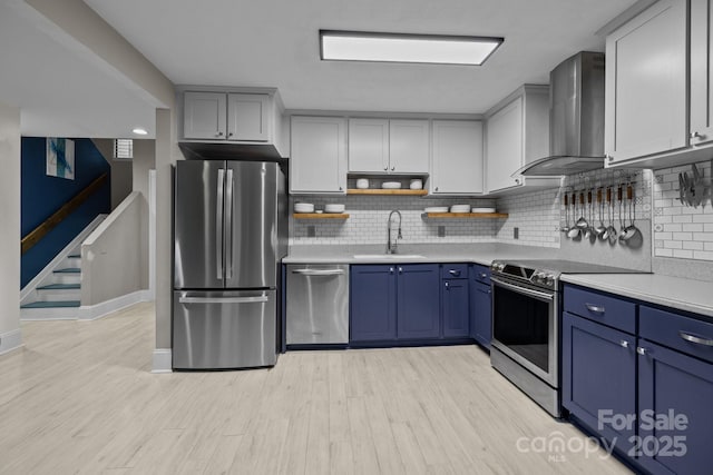 222 Riverview Ter, Clover, SC 29710 - kitchen featuring stainless steel appliances, a sink, wall chimney exhaust hood, open shelves, and light countertops