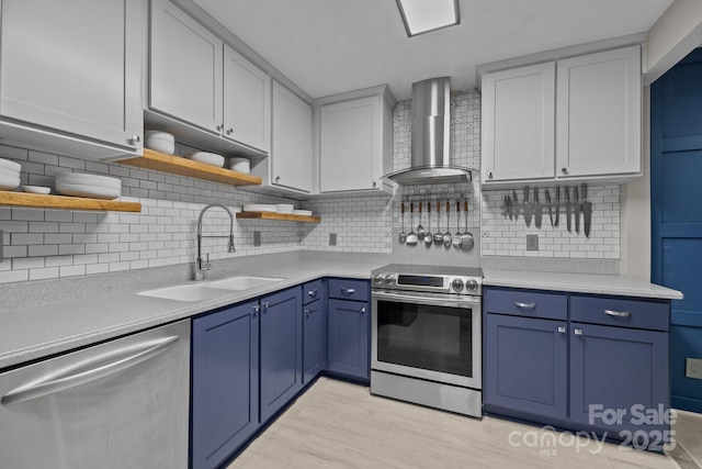 222 Riverview Ter, Clover, SC 29710 - kitchen featuring wall chimney range hood, appliances with stainless steel finishes, a sink, open shelves, and blue cabinets
