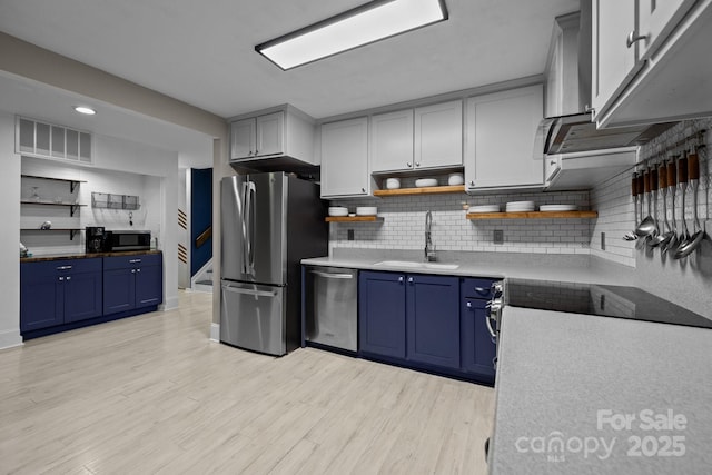 222 Riverview Ter, Clover, SC 29710 - kitchen featuring open shelves, appliances with stainless steel finishes, a sink, and blue cabinets