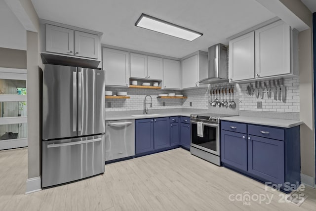 222 Riverview Ter, Clover, SC 29710 - kitchen with stainless steel appliances, wall chimney range hood, a sink, blue cabinets, and light countertops