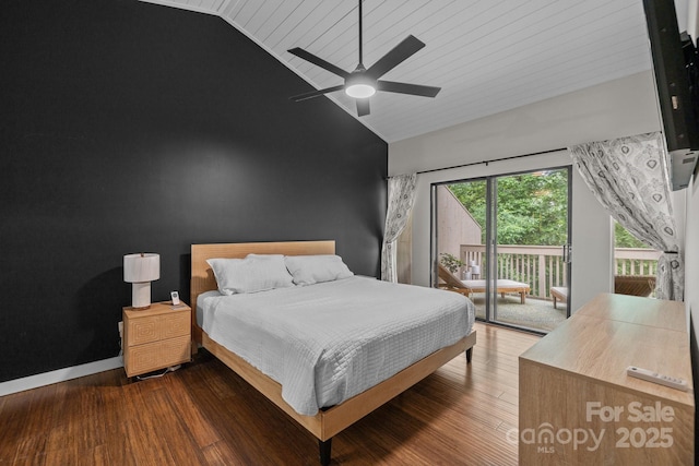 222 Riverview Ter, Clover, SC 29710 - bedroom with access to exterior, wood finished floors, high vaulted ceiling, a ceiling fan, and wooden ceiling
