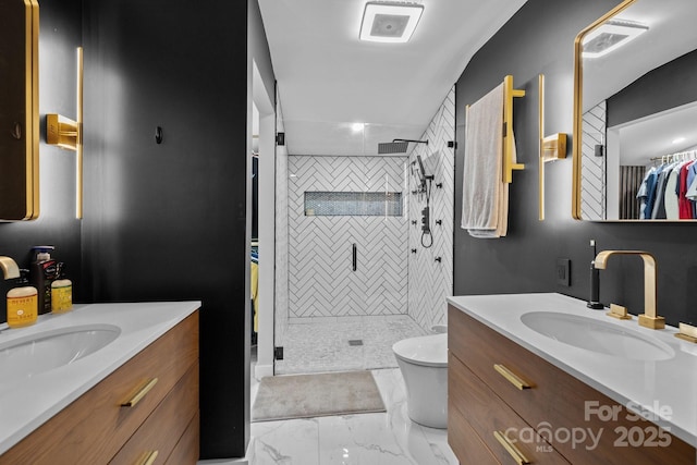 222 Riverview Ter, Clover, SC 29710 - full bathroom featuring a tile shower, vanity, toilet, and marble finish flooring