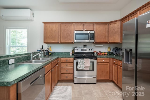 19 Lynnbrook Way, Columbus, NC 28722 - kitchen with stainless steel appliances, a wall unit AC, a sink, and dark countertops