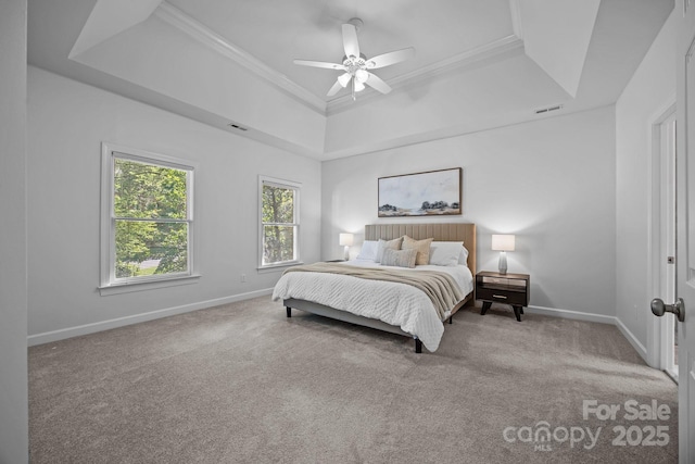 15831 Breton Brook St, Huntersville, NC 28078 - bedroom featuring a tray ceiling, baseboards, carpet, crown molding, and ceiling fan