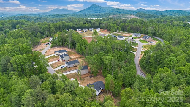 aerial view of property and surrounding area with a forest and mountains
