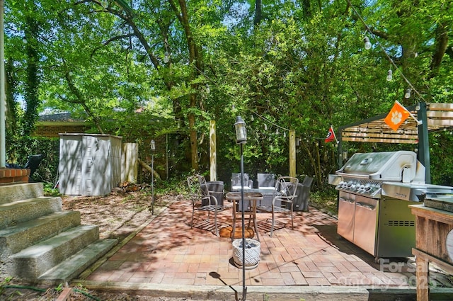 4647 General Pershing Dr, Charlotte, NC 28209 - view of patio / terrace featuring a storage shed, an outbuilding, and area for grilling