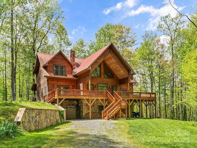 917 Otter Mountain Rd, Topton, NC 28781 - rear view of house featuring stairway, a chimney, gravel driveway, stone siding, and a lawn