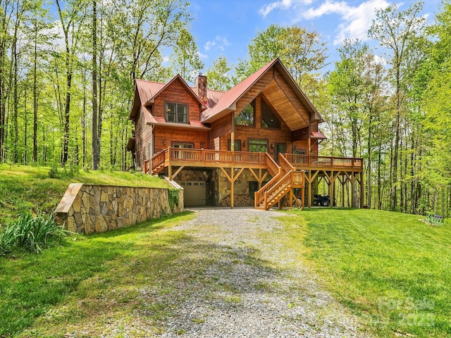 917 Otter Mountain Rd, Topton, NC 28781 - rear view of house with stairway, stone siding, driveway, a chimney, and a garage