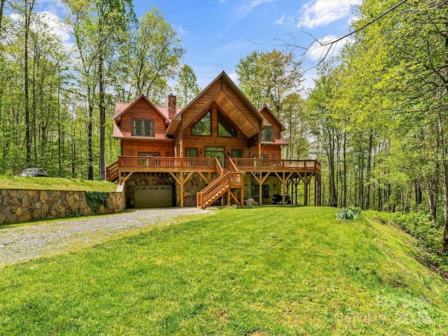 917 Otter Mountain Rd, Topton, NC 28781 - chalet / cabin with driveway, a chimney, a garage, stairway, and a front lawn