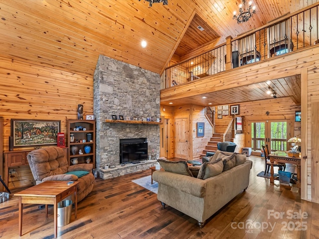 917 Otter Mountain Rd, Topton, NC 28781 - living room with wooden ceiling, high vaulted ceiling, wood walls, stairs, and wood-type flooring