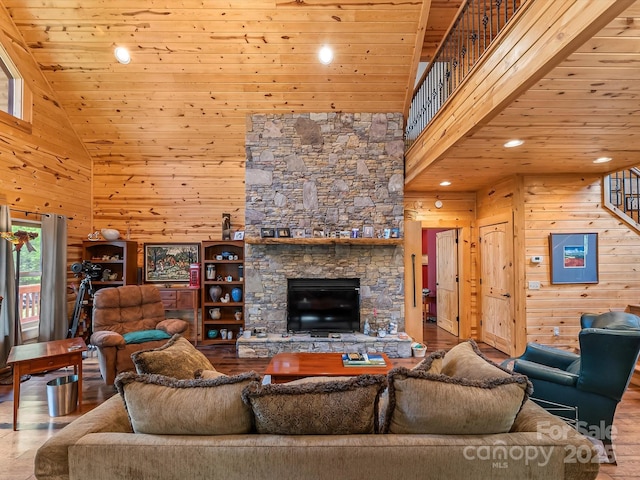 917 Otter Mountain Rd, Topton, NC 28781 - living room with wooden walls, high vaulted ceiling, recessed lighting, wood ceiling, and wood finished floors