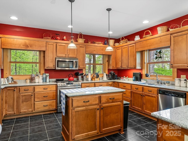 917 Otter Mountain Rd, Topton, NC 28781 - kitchen with stainless steel appliances, a sink, dark tile patterned flooring, a center island, and recessed lighting